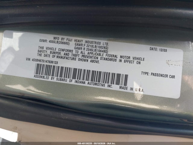 2004 Subaru Outback მანქანა იყიდება აუქციონზე, vin: 4S3BH675147636123, აუქციონის ნომერი: 45138225