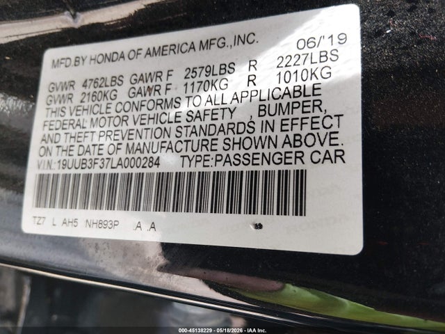 2020 Acura Tlx Standard მანქანა იყიდება აუქციონზე, vin: 19UUB3F37LA000284, აუქციონის ნომერი: 45138229