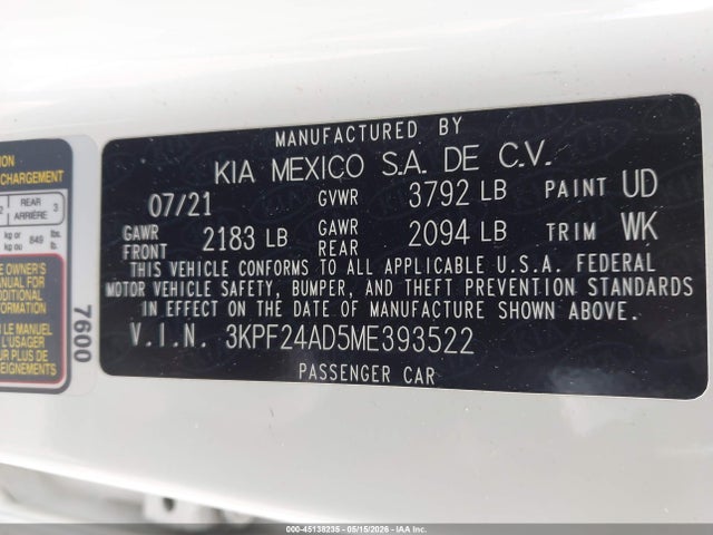 Продажа на аукционе авто 2021 Kia Forte Fe, vin: 3KPF24AD5ME393522, номер лота: 45138235