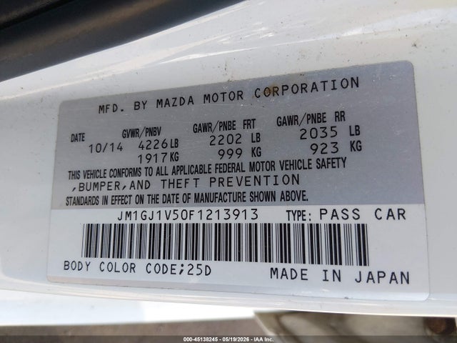 45138245 :رقم المزاد ، JM1GJ1V50F1213913 vin ، 2015 Mazda Mazda6 I Touring مزاد بيع