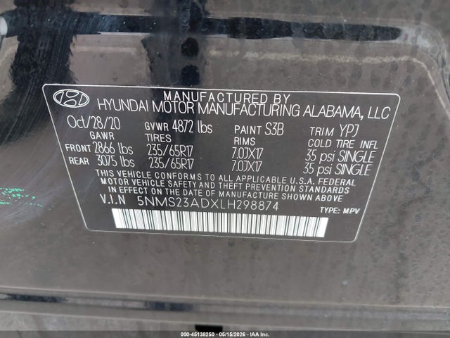 45138250 :رقم المزاد ، 5NMS23ADXLH298874 vin ، 2020 Hyundai Santa Fe Se مزاد بيع