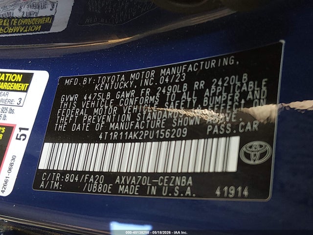 Продаж на аукціоні авто 2023 Toyota Camry Le, vin: 4T1R11AK2PU156209, номер лоту: 45138258