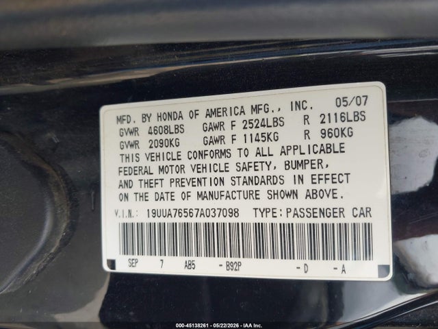 Aukcja sprzedaży 2007 Acura Tl Type S, vin: 19UUA76567A037098, numer aukcji: 45138261
