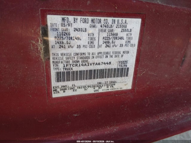 Aukcja sprzedaży 1997 Ford Ranger Xl/xlt, vin: 1FTCR14A1VTA67448, numer aukcji: 45138264