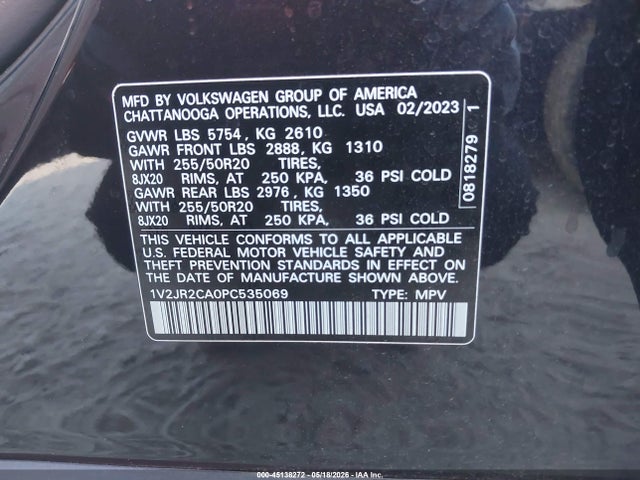 2023 Volkswagen Atlas 3.6l V6 Se W/technology მანქანა იყიდება აუქციონზე, vin: 1V2JR2CA0PC535069, აუქციონის ნომერი: 45138272