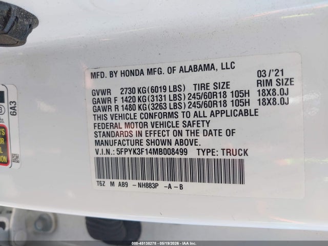 Honda Ridgeline Awd Sport 2021 5FPYK3F14MB008499 Image 9
