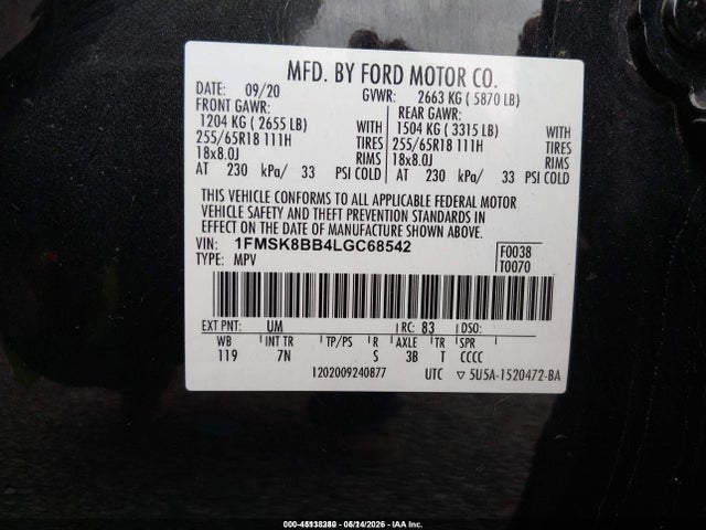 Aukcja sprzedaży 2020 Ford Explorer, vin: 1FMSK8BB4LGC68542, numer aukcji: 45138280