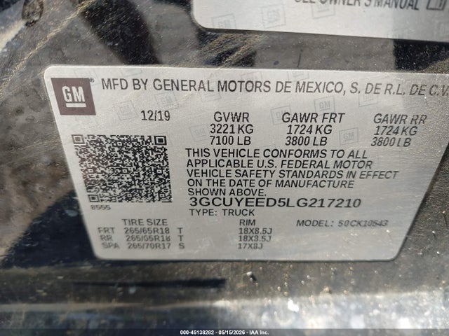 Продажа на аукционе авто 2020 Chevrolet Silverado 1500 4wd  Short Bed Rst, vin: 3GCUYEED5LG217210, номер лота: 45138282