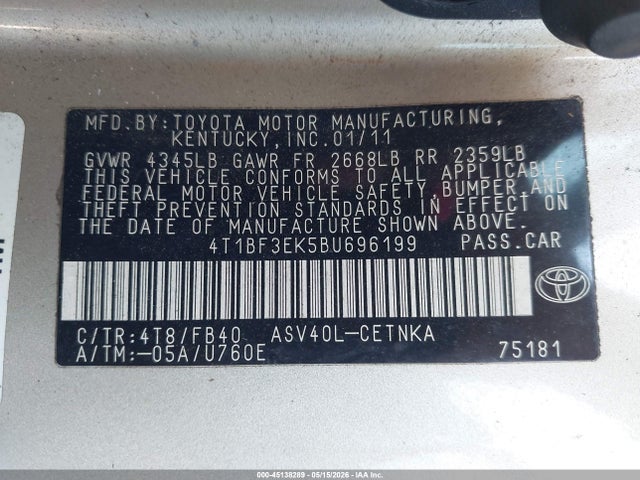 Aukcja sprzedaży 2011 Toyota Camry Le, vin: 4T1BF3EK5BU696199, numer aukcji: 45138289