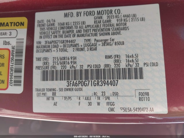 Ford FUSION S 2016 3FA6P0G71GR394407 Image 9