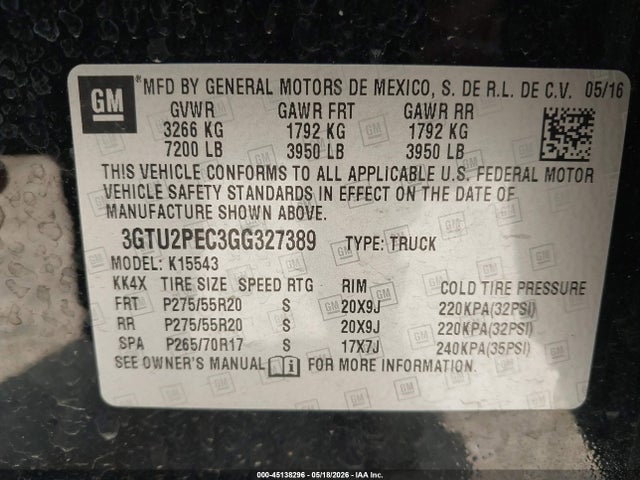 Aukcja sprzedaży 2016 Gmc Sierra 1500 Denali, vin: 3GTU2PEC3GG327389, numer aukcji: 45138296