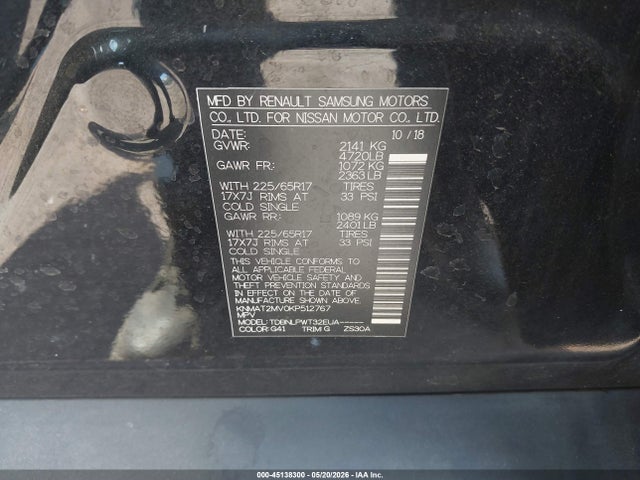 45138300 :رقم المزاد ، KNMAT2MV0KP512767 vin ، 2019 Nissan Rogue S مزاد بيع