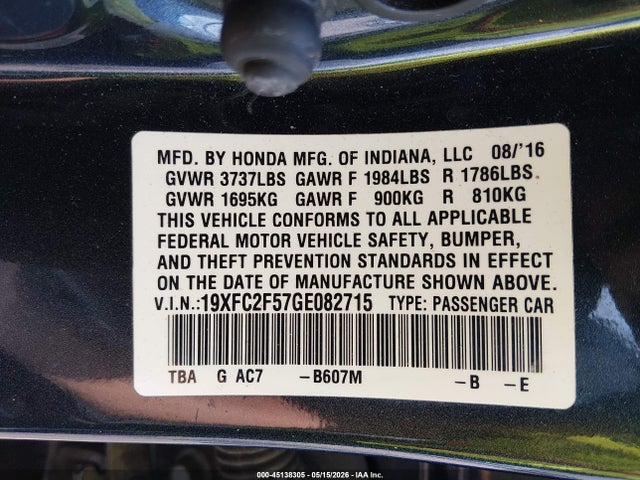 2016 Honda Civic Lx მანქანა იყიდება აუქციონზე, vin: 19XFC2F57GE082715, აუქციონის ნომერი: 45138305