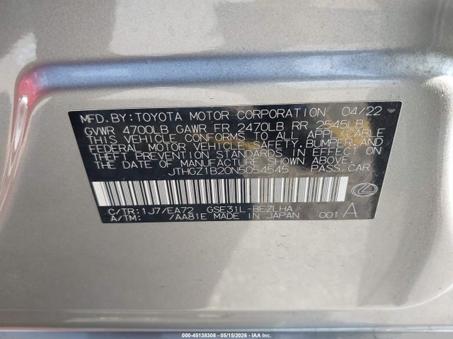 Aukcja sprzedaży 2022 Lexus Is 350 F Sport, vin: JTHGZ1B20N5054545, numer aukcji: 45138308