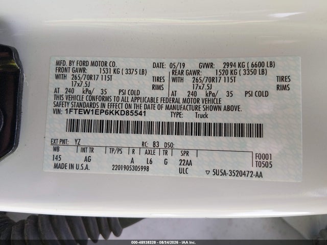 Aukcja sprzedaży 2019 Ford F-150 Xl, vin: 1FTEW1EP6KKD85541, numer aukcji: 45138320
