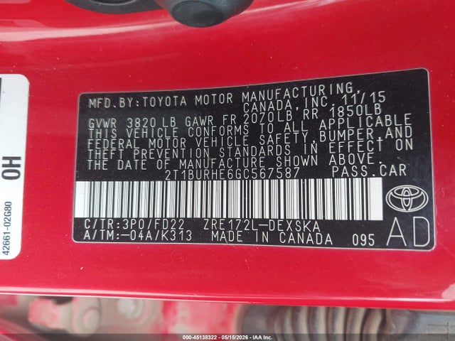 2T1BURHE6GC567587 Toyota Corolla S W/special Edition Pkg