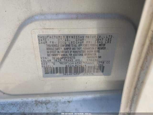2015 Nissan Sentra Sr მანქანა იყიდება აუქციონზე, vin: 3N1AB7AP0FY316776, აუქციონის ნომერი: 45138339