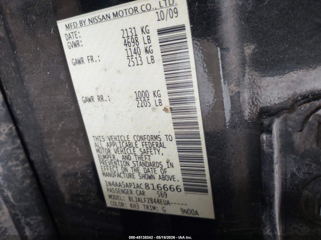2010 Nissan Maxima 3.5 Sv მანქანა იყიდება აუქციონზე, vin: 1N4AA5AP1AC816666, აუქციონის ნომერი: 45138342