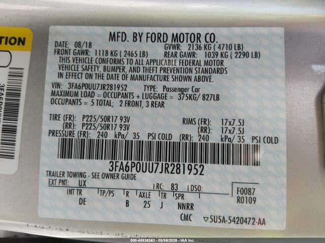 Aukcja sprzedaży 2018 Ford Fusion Hybrid S, vin: 3FA6P0UU7JR281952, numer aukcji: 45138343