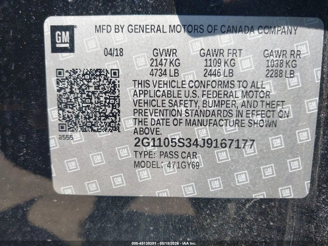 Aukcja sprzedaży 2018 Chevrolet Impala 1lt, vin: 2G1105S34J9167177, numer aukcji: 45138351