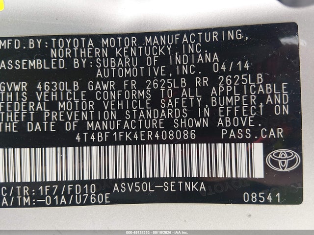 Продажа на аукционе авто 2014 Toyota Camry Le, vin: 4T4BF1FK4ER408086, номер лота: 45138353