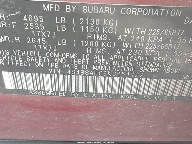 2019 Subaru Outback 2.5i Premium მანქანა იყიდება აუქციონზე, vin: 4S4BSAFC6K3251127, აუქციონის ნომერი: 45138366