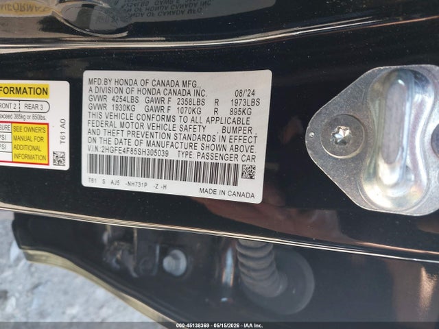 45138369 :رقم المزاد ، 2HGFE4F85SH305039 vin ، 2025 Honda Civic Hybrid Sport/sport Touring مزاد بيع