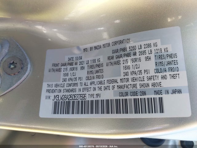 Auction sale of the 2005 Mazda Mpv Lx, vin: JM3LW28A250537696, lot number: 45138376