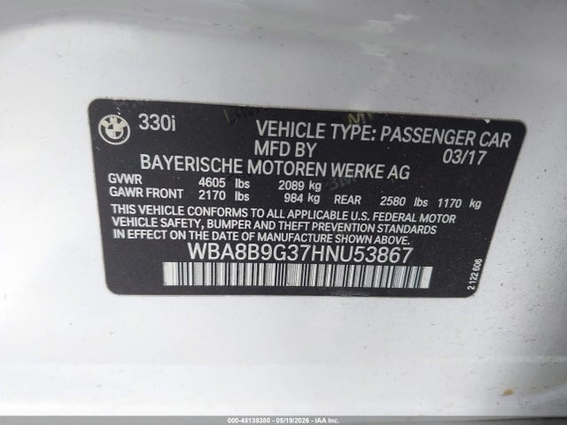 Aukcja sprzedaży 2017 Bmw 330i, vin: WBA8B9G37HNU53867, numer aukcji: 45138380