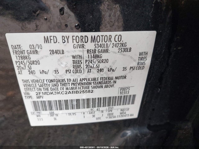 Продажа на аукционе авто 2010 Ford Edge Limited, vin: 2FMDK3KC2ABB25582, номер лота: 45138381