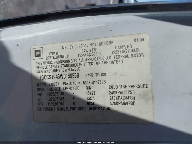 Продаж на аукціоні авто 1998 Chevrolet S-10 Ls Fleetside, vin: 1GCCS1943W8159558, номер лоту: 45138389