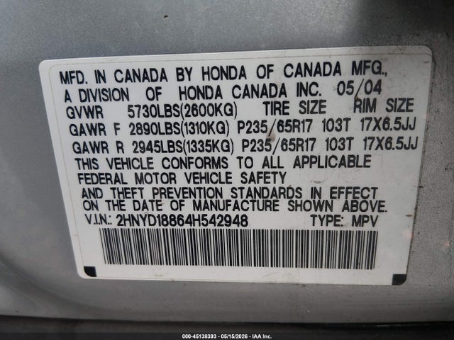 Продаж на аукціоні авто 2004 Acura Mdx, vin: 2HNYD18864H542948, номер лоту: 45138393
