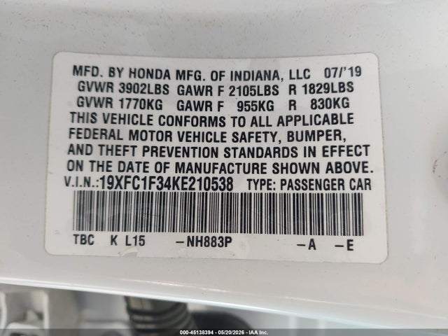2019 Honda Civic Ex მანქანა იყიდება აუქციონზე, vin: 19XFC1F34KE210538, აუქციონის ნომერი: 45138394