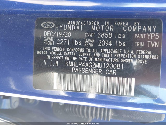 2021 Hyundai Elantra Limited მანქანა იყიდება აუქციონზე, vin: KMHLP4AG2MU120081, აუქციონის ნომერი: 45138402