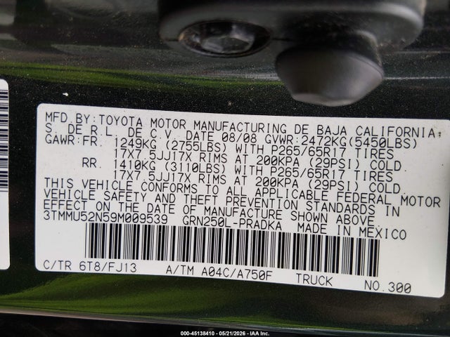 45138410 :رقم المزاد ، 3TMMU52N59M009539 vin ، 2009 Toyota Tacoma Base V6 مزاد بيع