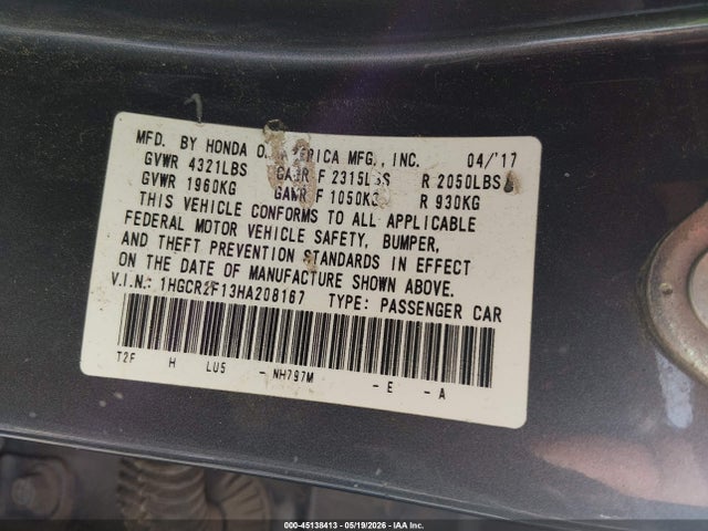 2017 Honda Accord Sport Se მანქანა იყიდება აუქციონზე, vin: 1HGCR2F13HA208167, აუქციონის ნომერი: 45138413