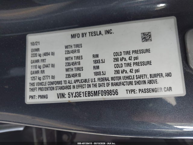 Продажа на аукционе авто 2021 Tesla Model 3 Long Range Dual Motor All-wheel Drive, vin: 5YJ3E1EB5MF099856, номер лота: 45138415