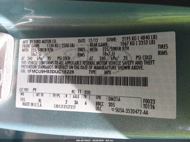 Aukcja sprzedaży 2013 Ford Escape Sel, vin: 1FMCU9H93DUC18226, numer aukcji: 45138423
