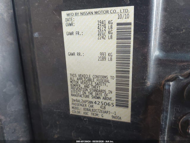 2011 Nissan Altima 2.5 S მანქანა იყიდება აუქციონზე, vin: 1N4AL2AP5BN425065, აუქციონის ნომერი: 45138424