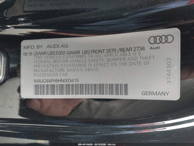 Продажа на аукционе авто 2017 Audi S5 3.0t, vin: WAUC4AFH9HN003415, номер лота: 45138436