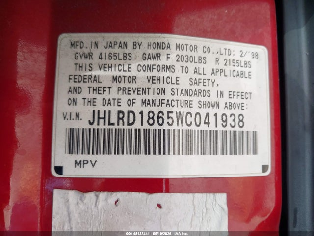 Продажа на аукционе авто 1998 Honda Cr-v Ex, vin: JHLRD1865WC041938, номер лота: 45138441