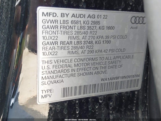 WA1AWBF19ND015704 Audi Sq8 Premium Plus Tfsi Quattro Tiptronic
