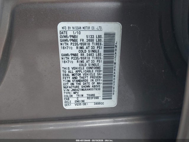 45138449 :رقم المزاد ، JN8AZ1MU6AW007938 vin ، 2010 Nissan Murano S مزاد بيع