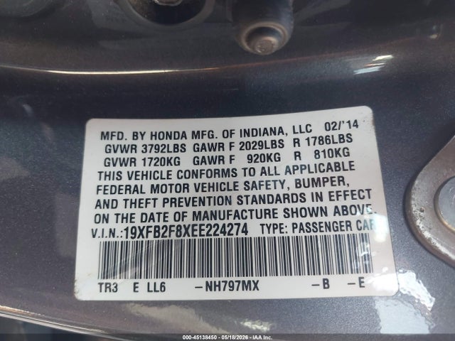 Auction sale of the 2014 Honda Civic Ex, vin: 19XFB2F8XEE224274, lot number: 45138450