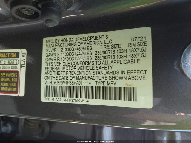 Aukcja sprzedaży 2021 Honda Cr-v 2wd Ex, vin: 5J6RW1H55MA011114, numer aukcji: 45138455
