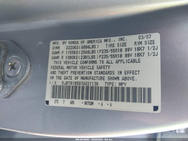 45138457 :رقم المزاد ، 5J8TB18597A021139 vin ، 2007 Acura Rdx مزاد بيع