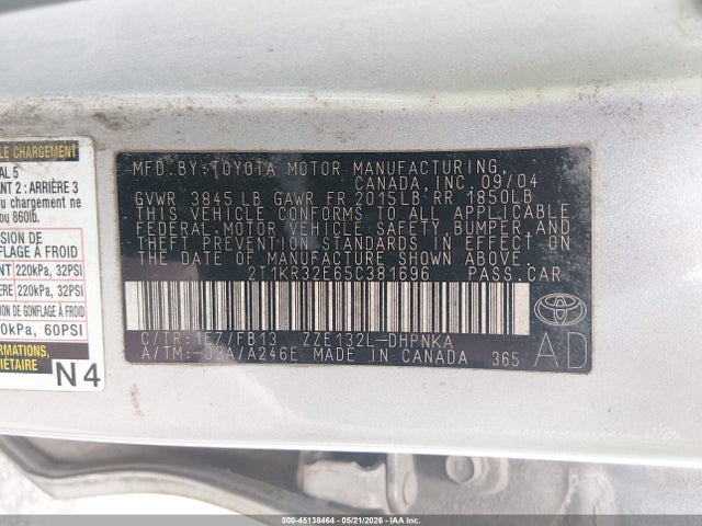 Aukcja sprzedaży 2005 Toyota Matrix Xr, vin: 2T1KR32E65C381696, numer aukcji: 45138464