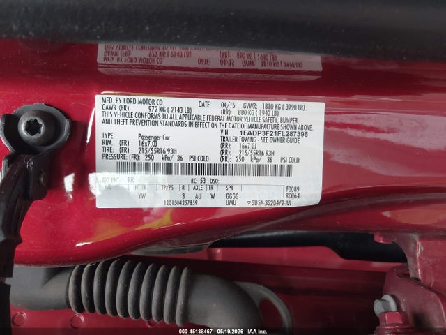 2015 Ford Focus Se მანქანა იყიდება აუქციონზე, vin: 1FADP3F21FL287398, აუქციონის ნომერი: 45138467