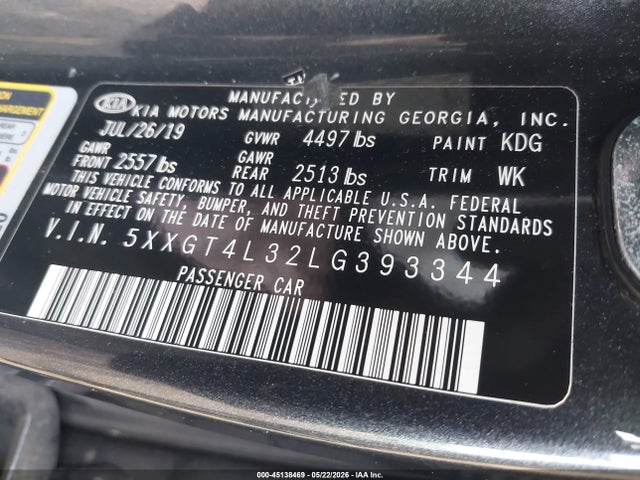 45138469 :رقم المزاد ، 5XXGT4L32LG393344 vin ، 2020 Kia Optima Lx مزاد بيع