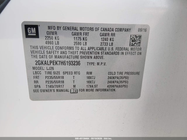 2017 Gmc Terrain Slt მანქანა იყიდება აუქციონზე, vin: 2GKALPEK7H6193236, აუქციონის ნომერი: 45138484